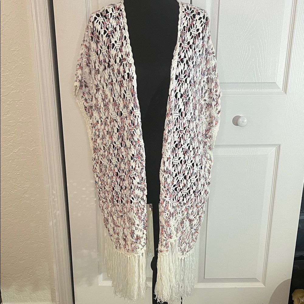 POL White Red Blue Festival Crochet Fringe Cardigan Poncho Shawl Boho Small